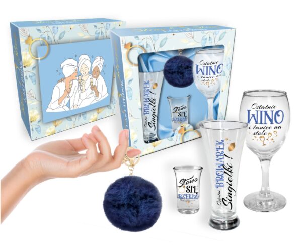 NIEZBĘDNIK PANIEŃSKI zestaw: szklanka do piwa 300ml, kieliszek do wina 220ml, kieliszek do wódki 35ml + brelok granat