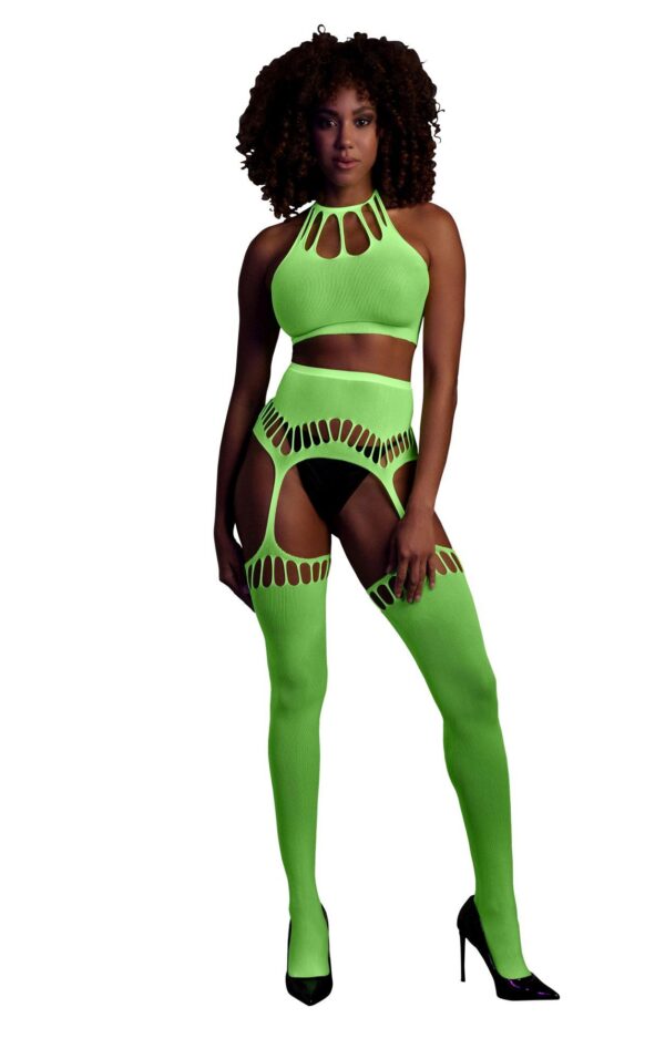 Two Piece with Crop Top and Stockings   Green   XS/XL