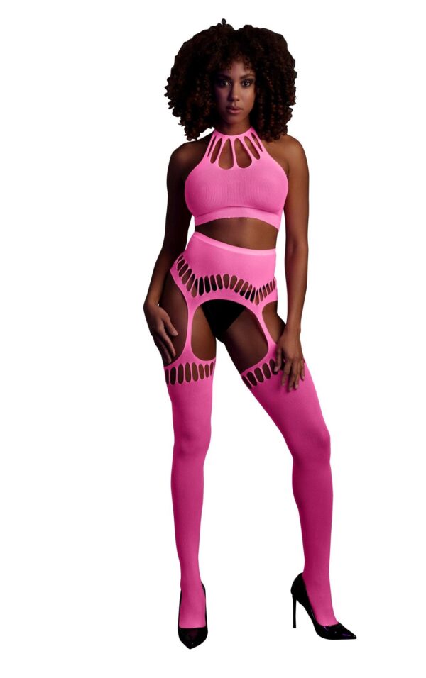 Two Piece with Crop Top and Stockings   Pink   XS/XL