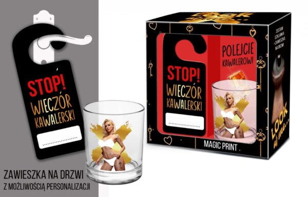 LOOK AT ME   Zestaw szklanka whisky z zawieszką na drzwi   Stop!wieczór kawalerski
