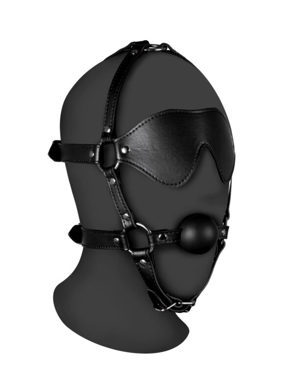 Blindfolded Head Harness with Solid Ball Gag   Black