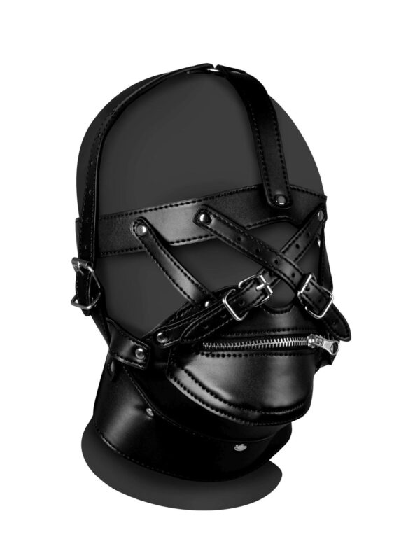 Head Harness with Zip up Mouth and Lock   Black