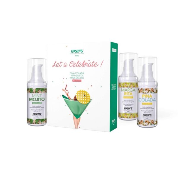 LETS CELEBRATE! Warming gourmet massage  oils (Mint Mojito, Margarita, Pina Colada) 3 x 30ml