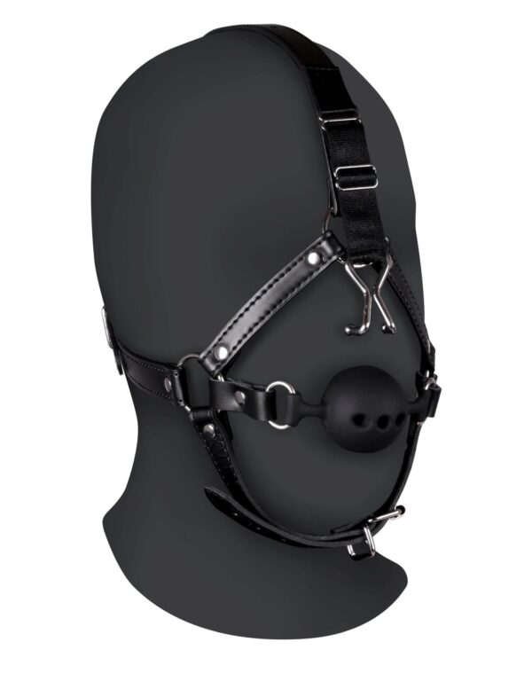 Head Harness with Breathable Ball Gag and Nose Hooks   Black
