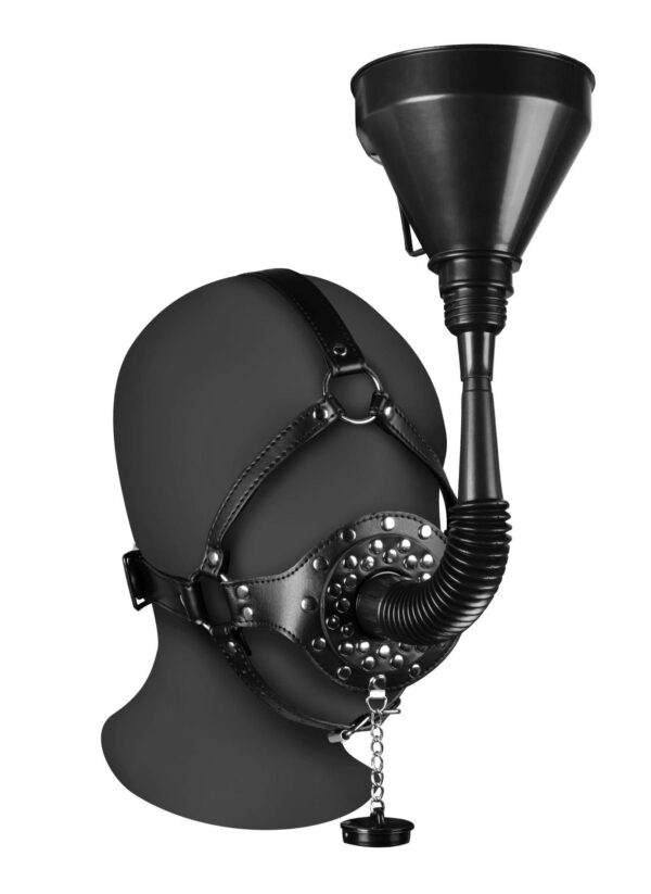 Open Mouth Gag Head Harness with Funnel   Black