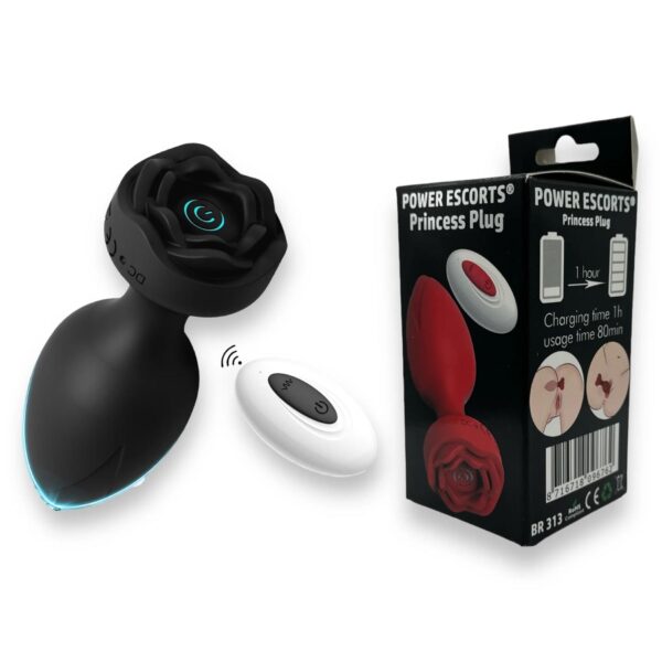 Power Escorts   Princess Plug   Remote Rose Design Plug   USB Rechargeable   10 Functions   Black