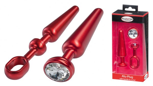 MALESATION Alu Plug with handle & crystal medium, red