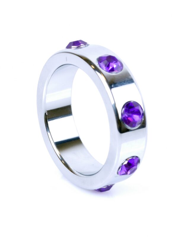 Pierścień Metal Cock Ring with Purple Diamonds Large
