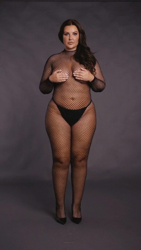 Bodystocking with fishnet structure, open crotch and turtle neck. - obrazek 10