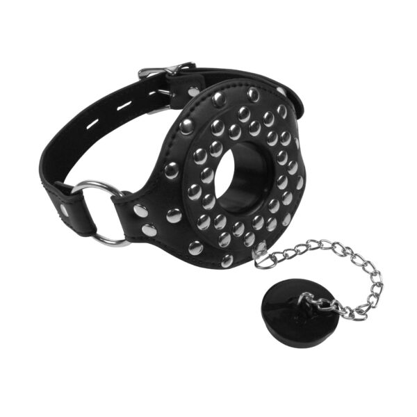 Open Mouth Gag with Plug Stopper   Black - obrazek 12
