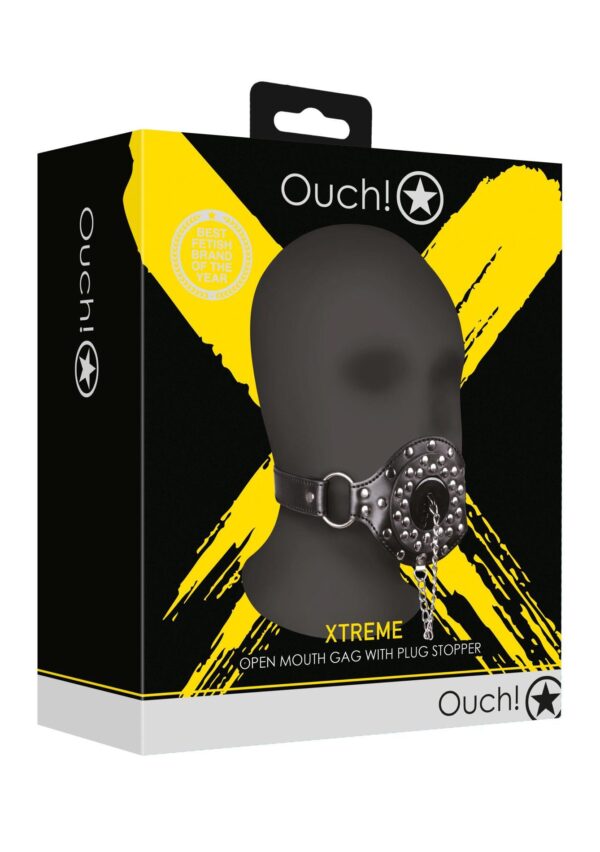 Open Mouth Gag with Plug Stopper   Black - obrazek 2