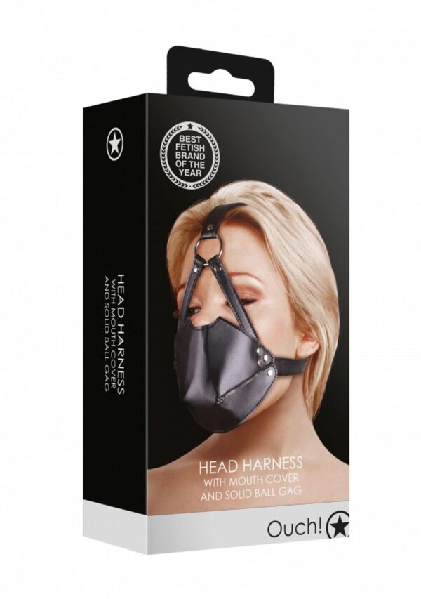 Head Harness with Mouth Cover and Solid Ball Gag   Black - obrazek 2