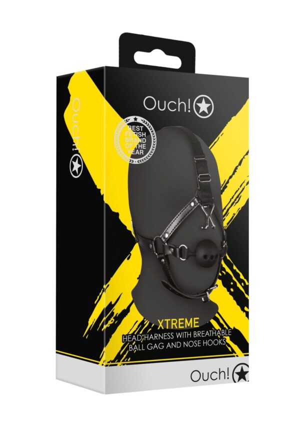 Head Harness with Breathable Ball Gag and Nose Hooks   Black - obrazek 2