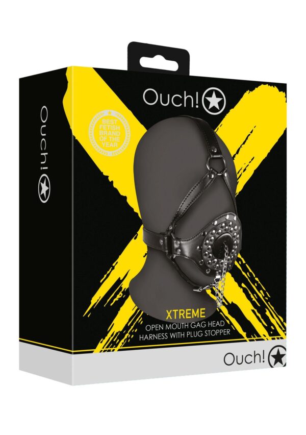 Open Mouth Gag Head Harness with Plug Stopper   Black - obrazek 2
