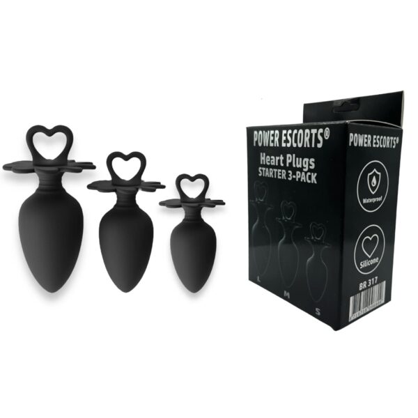 Power Escorts   Heart Plug Anal Starter 3 Pack   S, M & L   Black   quality Silicone   Colour box - obrazek 2
