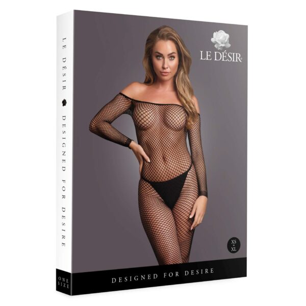 Bodystocking with off shoulder neckline, fishnet structure and open crotch. - obrazek 2