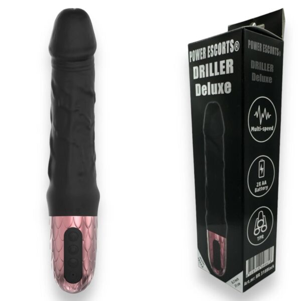 Power Escorts   Driller De Luxe Black   21 Cm / 8.2 Inch Fat Silicone Realistic Vibrator - obrazek 2