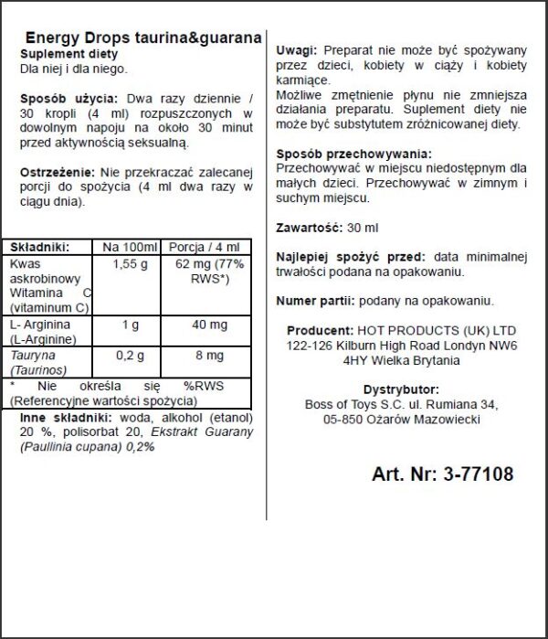 Supl.diety Energy Drops 30ml Taurin & Guarana  (m+w) - obrazek 2