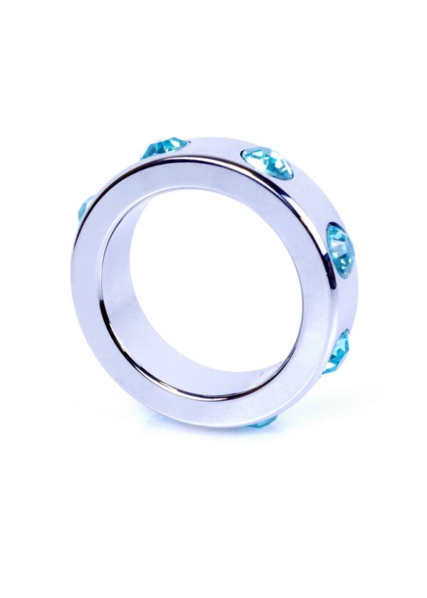 Pierścień Metal Cock Ring with Light Blue Diamonds Medium - obrazek 2
