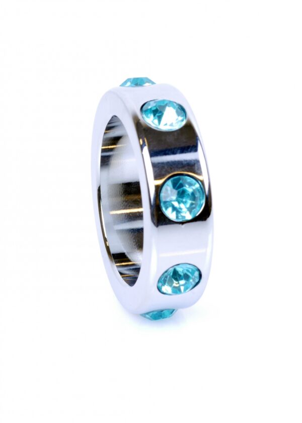 Pierścień Metal Cock Ring with Light Blue Diamonds Medium - obrazek 3