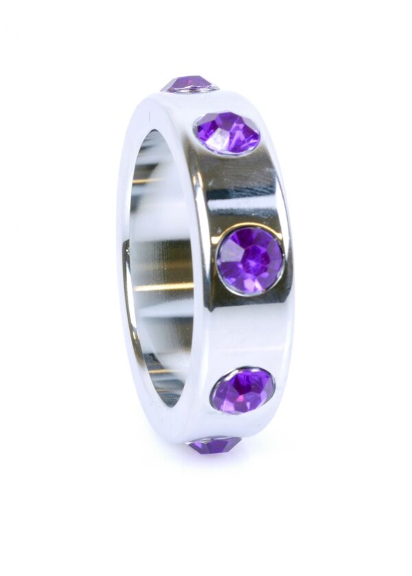 Pierścień Metal Cock Ring with Purple Diamonds Large - obrazek 3