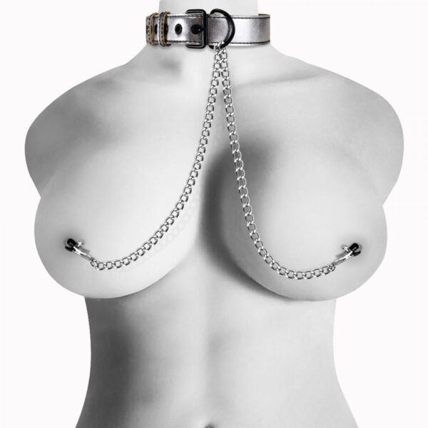 Metallic Silver Collar With Nipple Clamp - obrazek 3