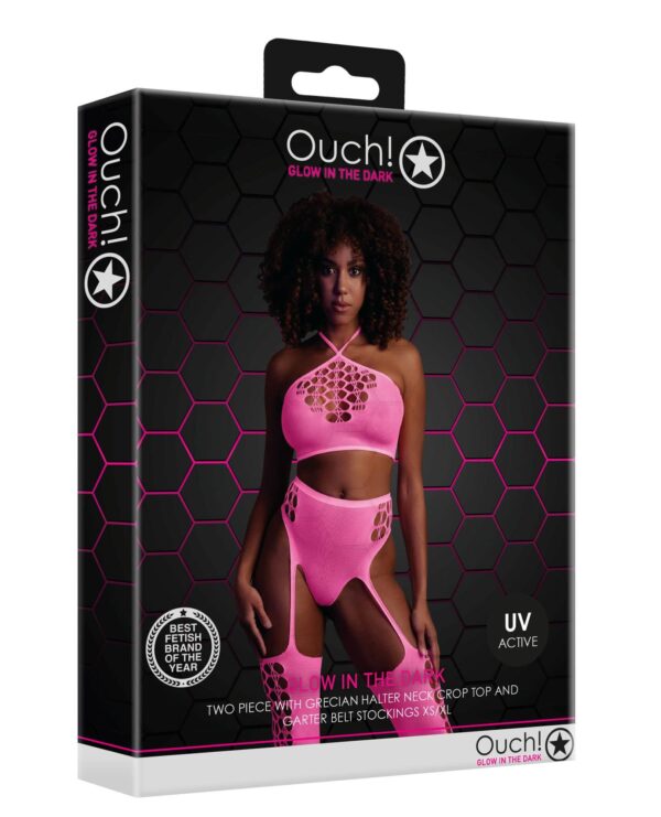 Two Piece with Crop Top and Stockings   Pink   XS/XL - obrazek 3