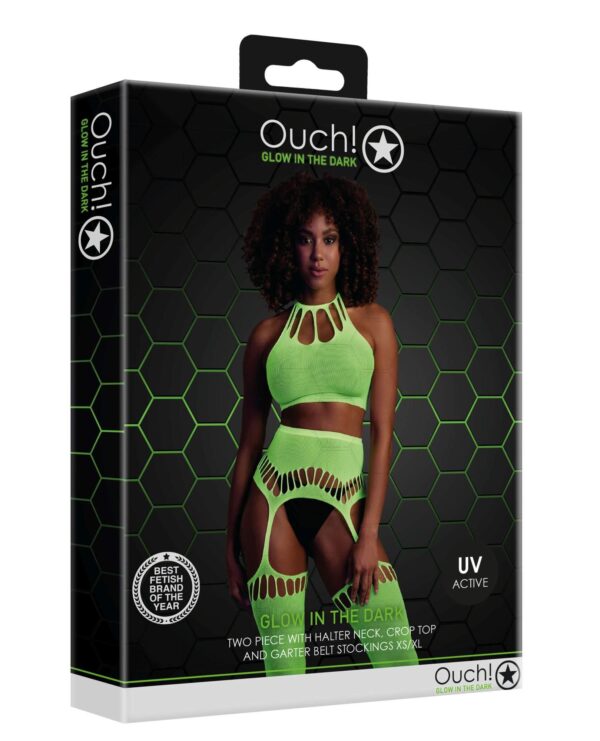 Two Piece with Crop Top and Stockings   Green   XS/XL - obrazek 3