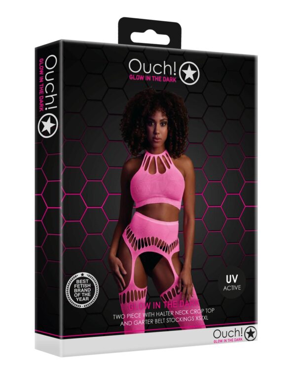 Two Piece with Crop Top and Stockings   Pink   XS/XL - obrazek 3