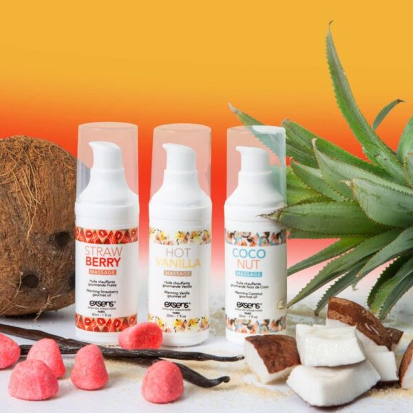 LETS TRAVEL! Warming gourmet massage  oils (Strawberry, Hot Vanilla, Coconut) 3 x 30ml - obrazek 3