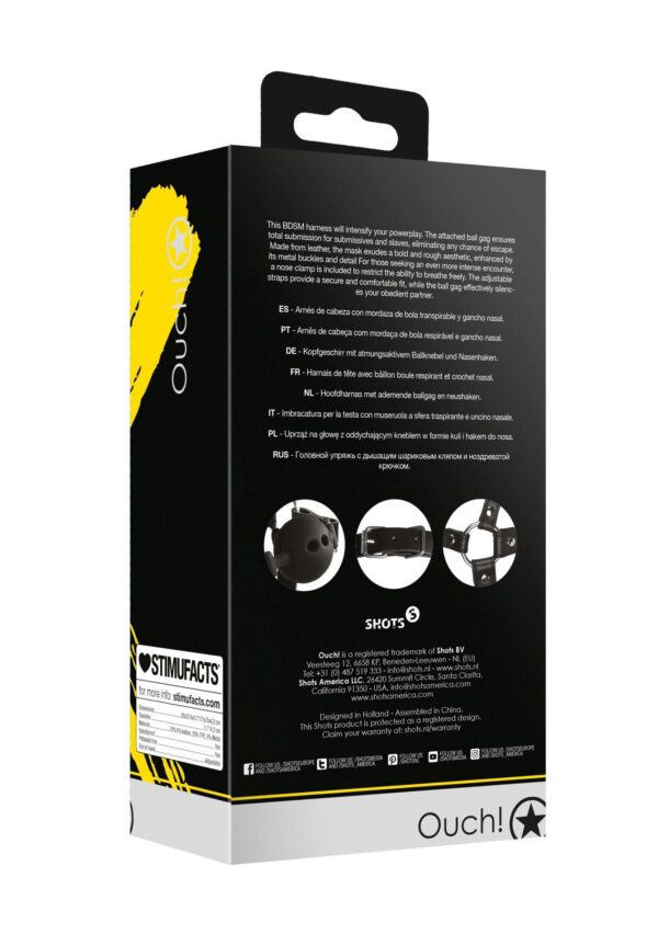 Head Harness with Breathable Ball Gag and Nose Hooks   Black - obrazek 3
