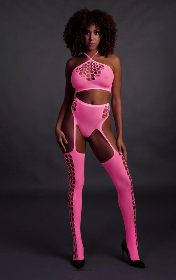 Two Piece with Crop Top and Stockings   Pink   XS/XL - obrazek 4