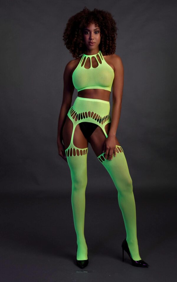 Two Piece with Crop Top and Stockings   Green   XS/XL - obrazek 4