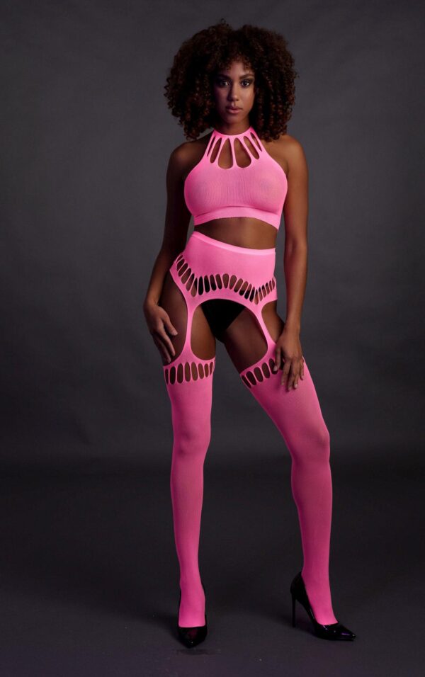 Two Piece with Crop Top and Stockings   Pink   XS/XL - obrazek 4