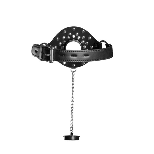 Open Mouth Gag with Plug Stopper   Black - obrazek 4