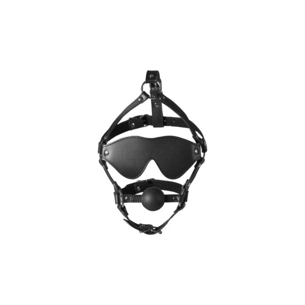 Blindfolded Head Harness with Solid Ball Gag   Black - obrazek 4