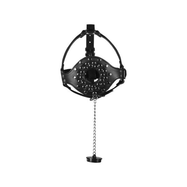 Open Mouth Gag Head Harness with Plug Stopper   Black - obrazek 4