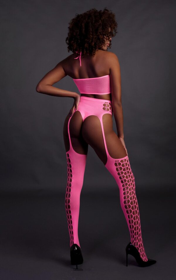 Two Piece with Crop Top and Stockings   Pink   XS/XL - obrazek 5