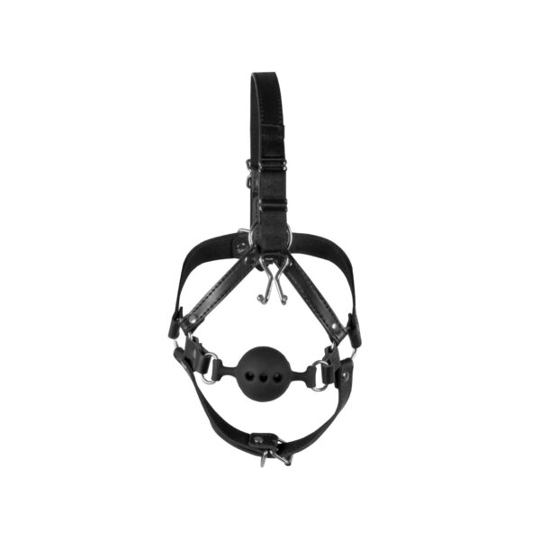 Head Harness with Breathable Ball Gag and Nose Hooks   Black - obrazek 5