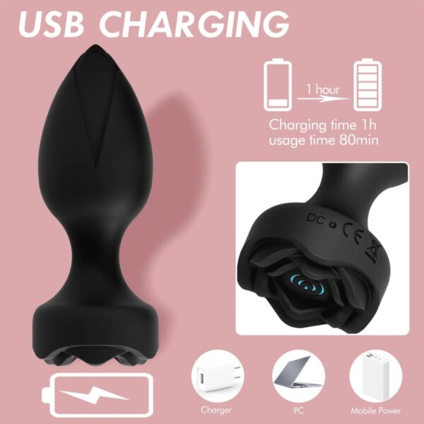 Power Escorts   Princess Plug   Remote Rose Design Plug   USB Rechargeable   10 Functions   Black - obrazek 5