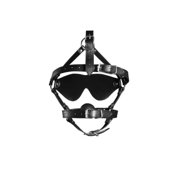 Blindfolded Head Harness with Solid Ball Gag   Black - obrazek 6