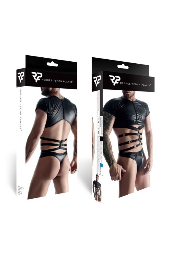 męski komplet z wetlooka: t shirt z ozdobną gumą, stringi z ozdobną taśmą z przodu XXL - obrazek 7