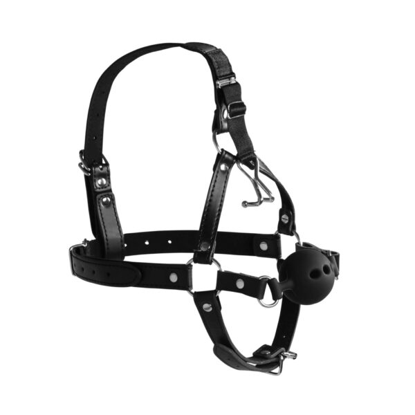 Head Harness with Breathable Ball Gag and Nose Hooks   Black - obrazek 7