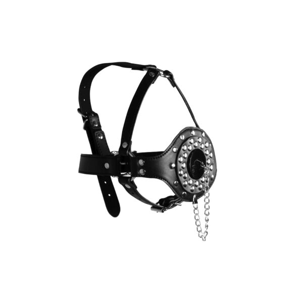 Open Mouth Gag Head Harness with Plug Stopper   Black - obrazek 7