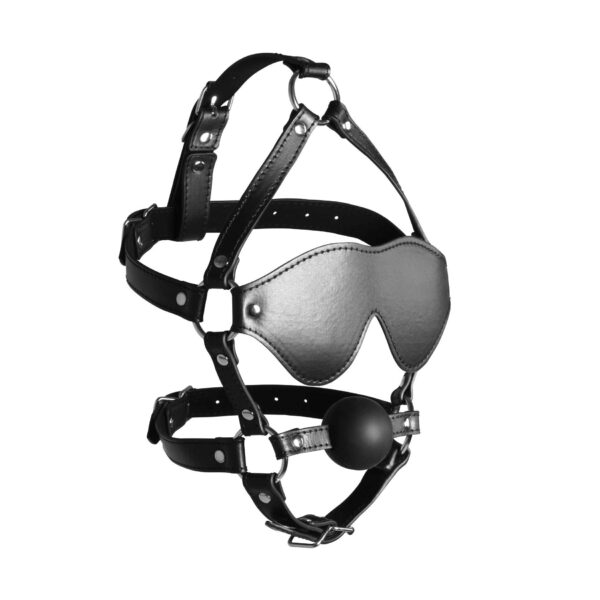 Blindfolded Head Harness with Solid Ball Gag   Black - obrazek 9