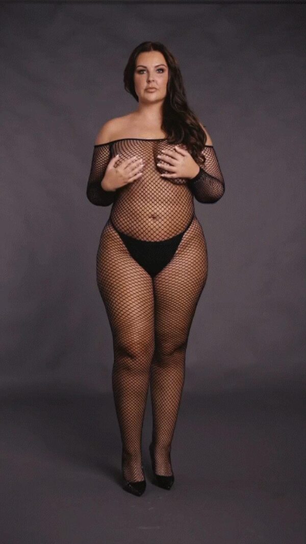 Bodystocking with off shoulder neckline, fishnet structure and open crotch. - obrazek 11