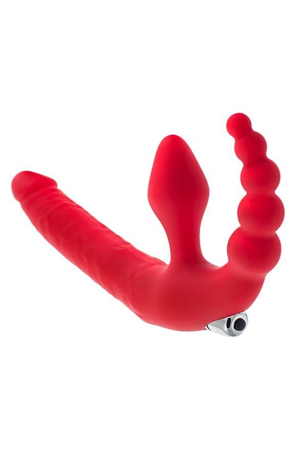 Black & Red, Beltless strapon with vibro bullet, moisture resistant, silicone, red 35 cm - obrazek 2