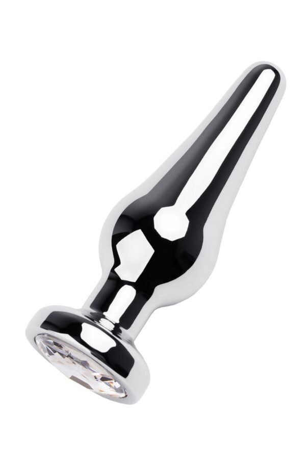 Silver anal plug TOYFA Metal with white round shaped gem, length 9 cm, diameter 1,5 4 cm, weight 205 gr - obrazek 2