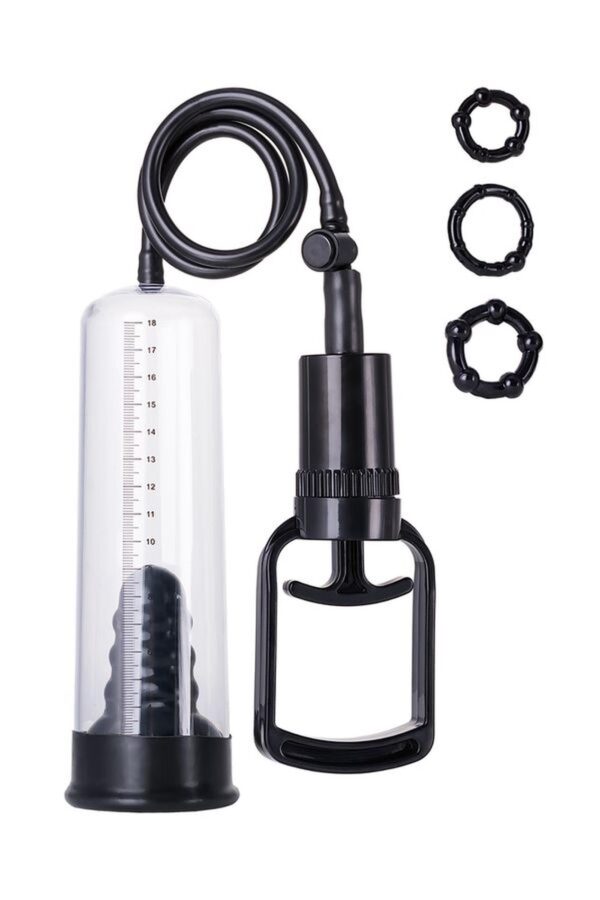 A TOYS, Penis Pump, PVC, Black, 23.5 cm 3 cock rings included - obrazek 2