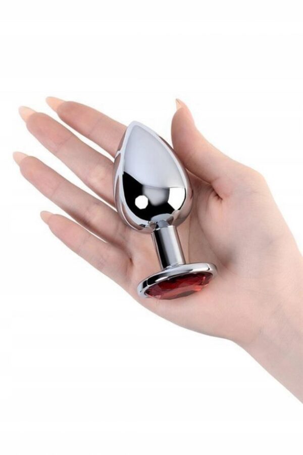 Silver anal plug TOYFA Metal with red round shaped gem, - obrazek 3